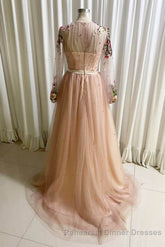 A Line Tulle Long Semi Formal Prom Dress with Flowers, Pink Long Sleeves Party Dress with Beading